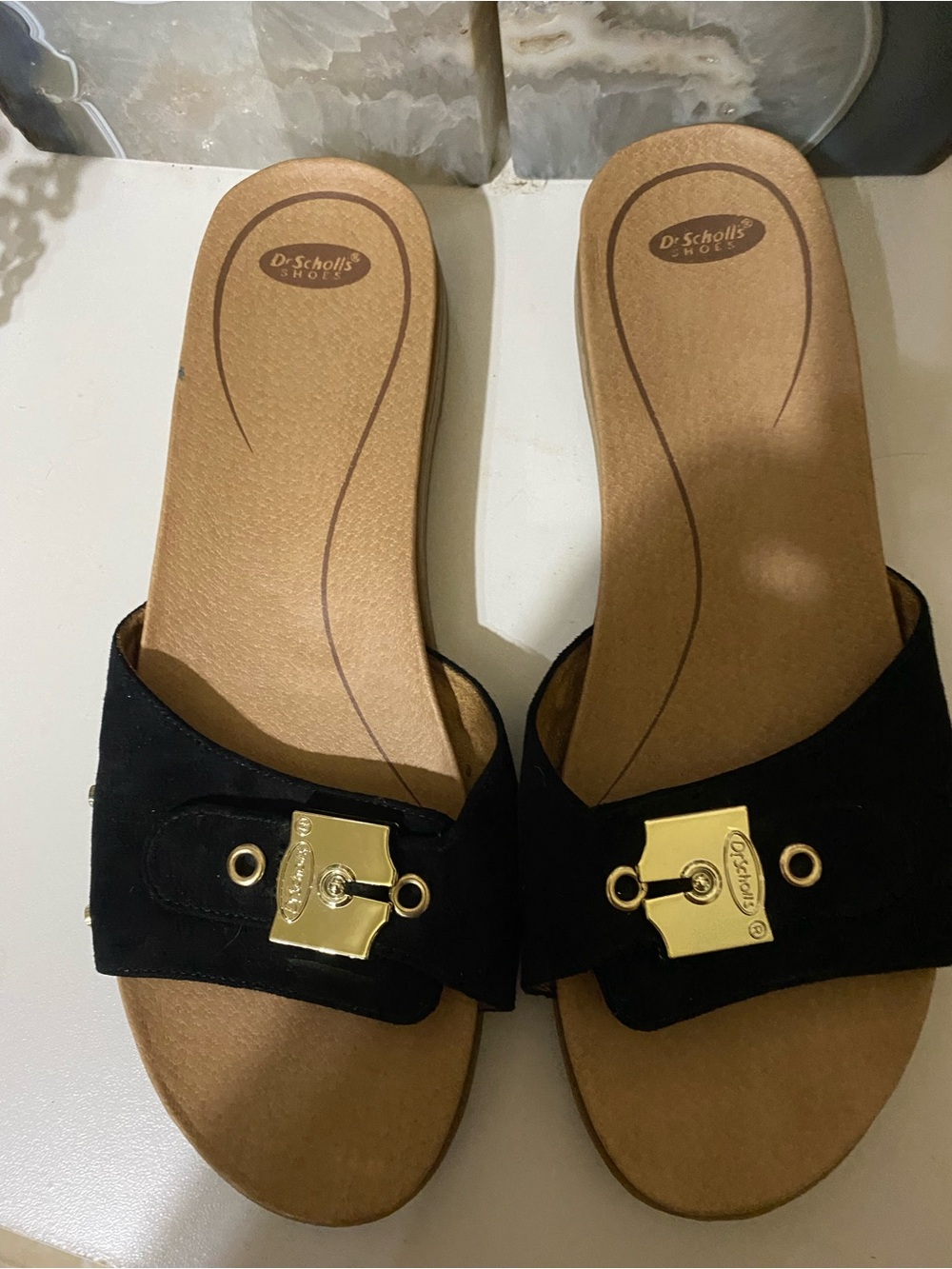 Dr. Scholl's Black Suede Slide Sandals with Gold Hardware